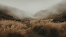 Beautiful Fog Over A Golden Valley Surrounded By Hills And Grass. Outdoors / Nature Background, Generative Ai
