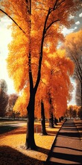 Wall Mural - Golden and crimson leaves on trees in Moscow's tsaritsyno park on a bright, early morning. Generative AI