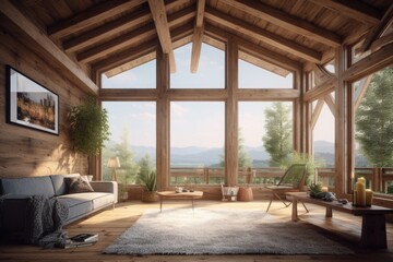 Wall Mural - Exposed Wood Cabin in Luxury Destination Family Room with Vaulted Ceiling and Mountain Valley ViewsMade with Generative AI