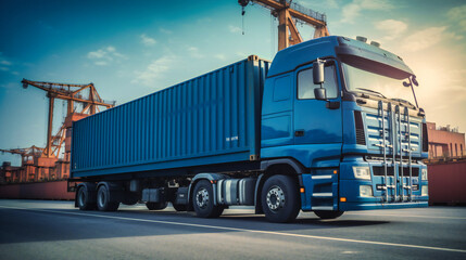 Wall Mural - A container truck in a ship port for business logistics and transportation of container cargo ship, showcasing the convergence of land and sea transport