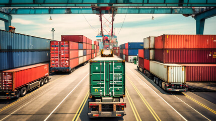 Wall Mural - A container truck in a ship port for business logistics and transportation of container cargo ship, showcasing the importance of efficient and reliable logistics in global trade