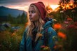 Young woman posing in a meadow with flowers in a northern mountains. Generative AI