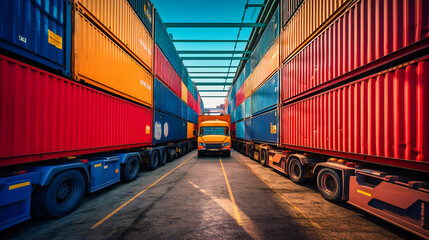 Wall Mural - A powerful image of a truck carrying heavy freight containers, illustrating the enormity of modern shipping operations