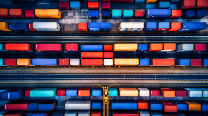 Wall Mural - An intriguing image of a container-laden truck maneuvering through a bustling shipping yard, revealing the intricate dance of logistics