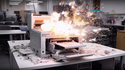 Blast the printer with a paper document file. Printed page. Problems with appliances in the office.