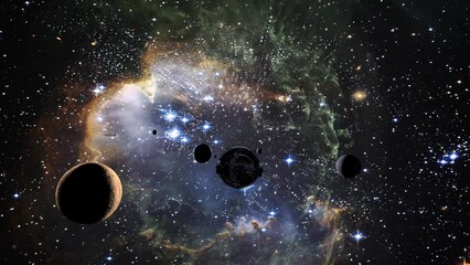 Spaceship travel in alien landscape with planets and galaxies.