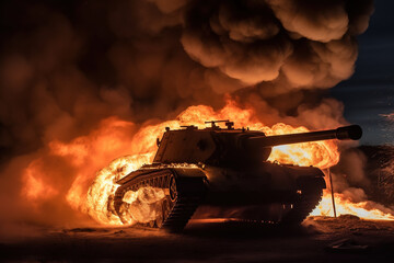 The Cost of War: A Devastated Battlefield with a Burning Tank. Generative ai.