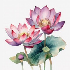 free lotus flowers water color, pastel ,white background , generat ai