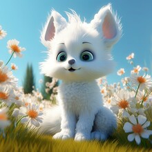 A Super Cute Baby Pixar-style Fairy Fox , Shiny White Fluffy, Big Bright Eyes, Fluffy Tail, Smile, Fairy Tale, Surfing, Generat Ai