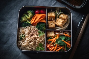 Vegan Lunch Box With Noodle Stir. Generative AI