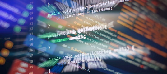 Monitor closeup of function source code. Abstract IT technology background. Software source code.
