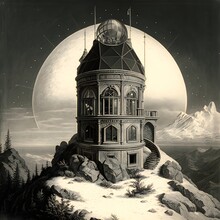 An Astronomical Observatory On The Top Of An Alpine Summit Image In The Style Of Ernst Haeckel 