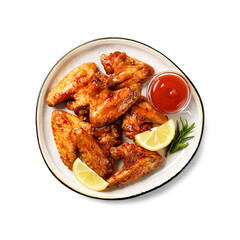 Wall Mural - Air fryer chicken wings glazed with hot chilli sauce and served with different sauces.  isolated on white  background . top view