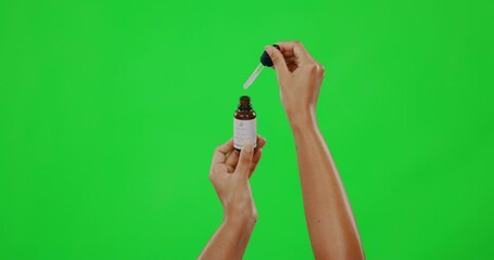 Sticker - Hands, beauty and woman with serum on green screen, liquid and skincare with moisturizer on studio background. Bottle, mockup and dropper for healthy skin with cosmetic care product and dermatology