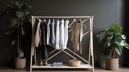 elegant clothes hanging on the clothes rack. in a simple minimalist style