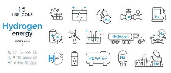 green hydrogen fuel production icons set. water electrolysis, hydrogen atom, solar energy, windmill,