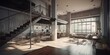 © Ruslan Shevchenko - Loft. Studio apartment with an open plan in dark colors. Modern loft apartment with wooden beams, simple modern furniture, brick wall. Loft interior. Generative AI