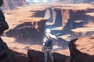 Wall Mural - an astronaut standing on the edge of cliff, anime style. generative ai