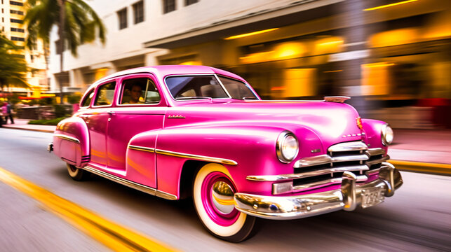 A dynamic image of the pink and gold retro vintage car cruising through Miami's colorful streets