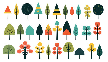 Wall Mural - colorful flat abstract trees in the style of animated shapes set of vector with minimalist outlines