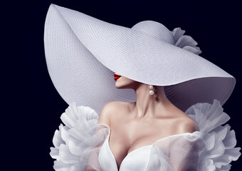 Elegant Lady in White Hat with Red Lips Make up. Fashion Woman in Luxury Evening Dress over Black. Beautiful Model in Big Wide Brimmed Hat and Wedding Gown