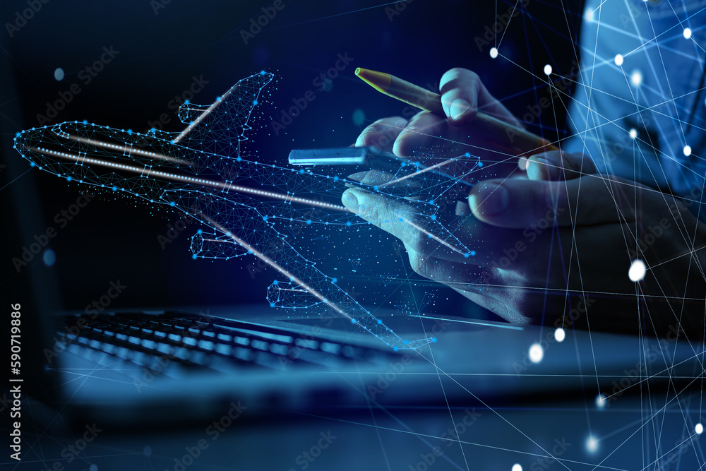 Traveler Using Computer Banner International travel and online booking concept with laptop on digital ...