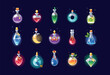 Magic potion bottle, poison vial different forms. Witch, wizard or alchemist glass pots, apothecary chemistry icons. magic chemistry luck and love beverage. Vector tidy cartoon isolated illustration