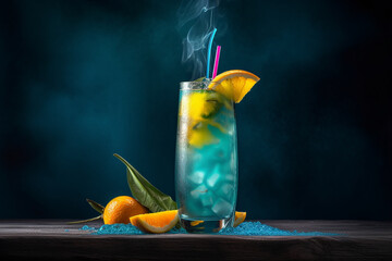 Conceptual illustration of an exotic cocktail with a tropical beach on the background. Generative AI