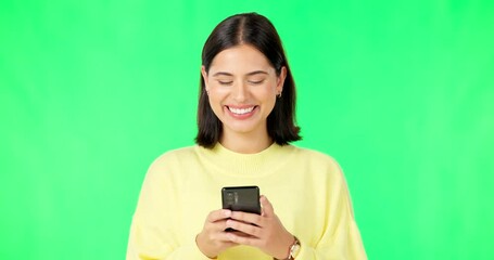 Poster - Laughing, woman and smartphone on green screen, studio and reading social media post, online chat and meme. Happy female model typing on cellphone, download mobile games and texting on background