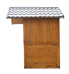 Wall Mural - Wooden shed stall market stand or log cabin house isolated on white background. Object made of wood for selling stock