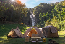Tent And Camping With Mae Tia Waterfall And Mountain Background At Inthanon