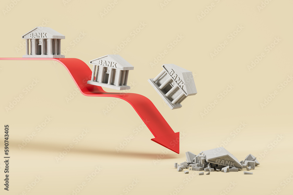Falling red arrow and cartoon bank collapse, financial crisis and bankruptcy