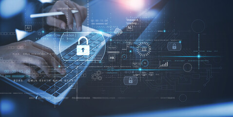 Wall Mural - cyber security network. data protection concept. man using mobile phone and laptop with digital padl
