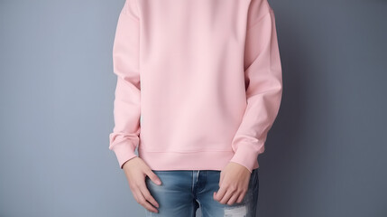 Wall Mural - blank pale pink plain jumper mockup, jumper has no texture, distressed jeans, hands in pockets