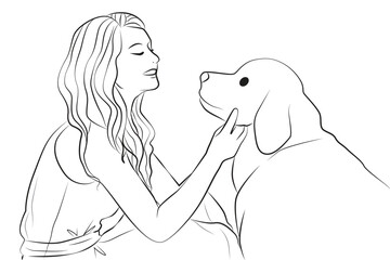 woman love obedience dog pose line cartoon illustration