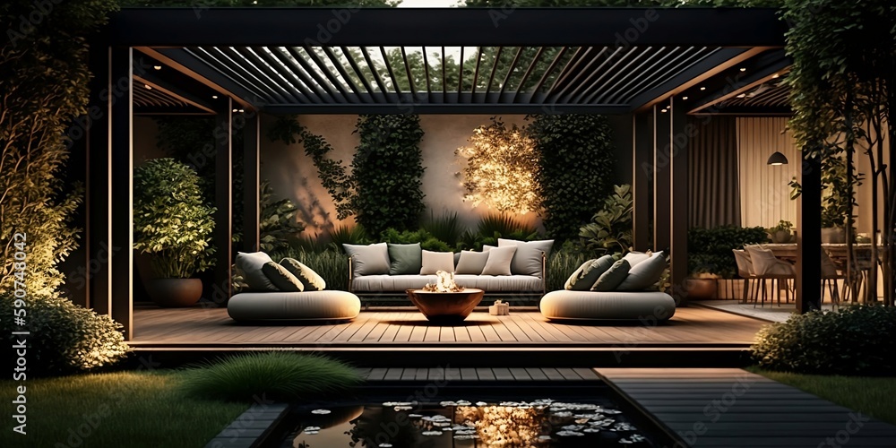 Interior design of a lavish side outside garden at morning, with a teak ...