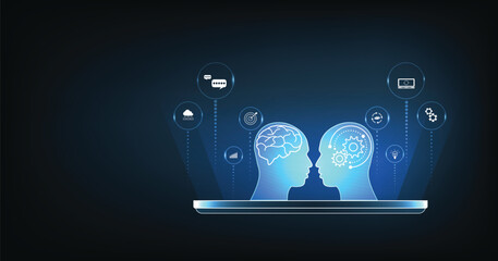 Poster - Human Chat with AI or Artificial Intelligence. AI chatbot or artificial intelligence can communicate through messages with humans naturally. Robot in online system.Futuristic technology.
