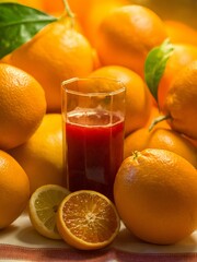 Canvas Print - Vertical closeup of a glass of fruit juice with oranges.