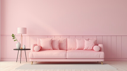 Poster - generative ai illustration of a pink pastel colored couch in a pink living room