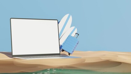 Modern laptop mockup with blank screen near suitcases. 3d render