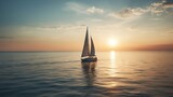 Fototapeta Zachód słońca -  a sailboat is sailing in the ocean at sunset or sunrise or sunset on the water with the sun setting behind it and the horizon.  generative ai