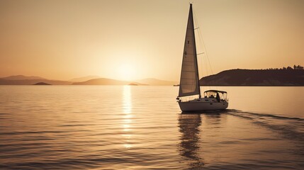 Wall Mural -  a sailboat sailing on a body of water at sunset with mountains in the background and a person on a boat in the foreground.  generative ai