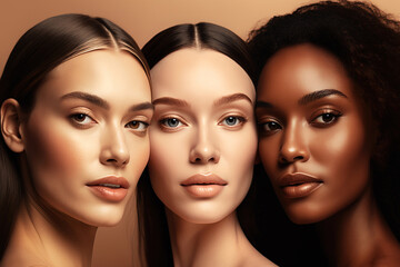 A group of diverse women with unique skin types and features pose together on a beige backdrop. Beauty and care. AI Generative