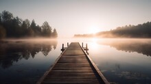  A Dock In The Middle Of A Body Of Water With A Foggy Sky In The Background And Trees In The Foreground, And A Body Of Water With A Dock In The Foreground.  Generative Ai