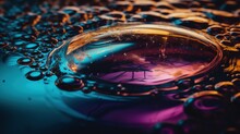  A Close Up Of A Water Droplet With A Blue And Purple Background And A Yellow And Purple Background With A Blue And Purple Droplet.  Generative Ai