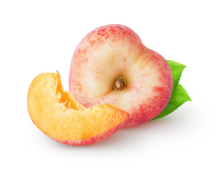 Sticker - Isolated peaches. One heart shaped flat peach fruit and a piece with leaves isolated on white background