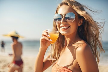 Smiling pretty woman with long hair in swimsuit and sunglasses, drinking a fruit cocktail. Ai generative.