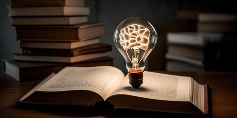 Bright light bulb with glowing brain and book, innovation idea, Self learning or education knowledge and business studying concept. idea of ​​inspiration and wisdom from reading, generative ai