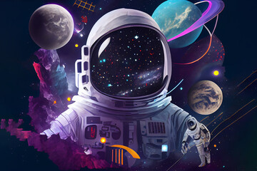 Wall Mural - Solar system. Colorful planets, galaxy and universe. Astronaut in space. Space cartoon