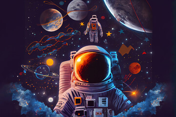 Wall Mural - Solar system. Colorful planets, galaxy and universe. Astronaut in space. Space cartoon